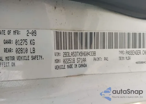 2009 Dodge Charger R/T z USA, uszkodzony, nr VIN 2B3LA53TX9H604338